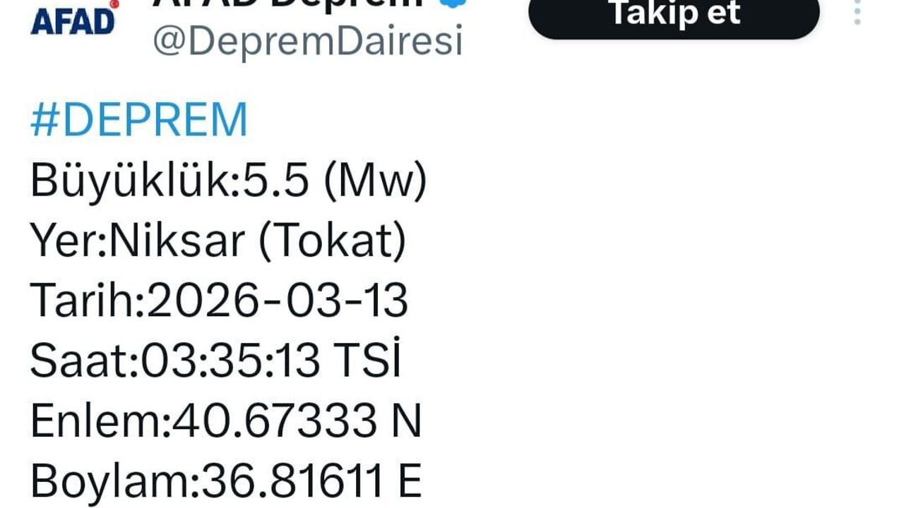 Tokat'ta 5,5 büyüklüğünde deprem